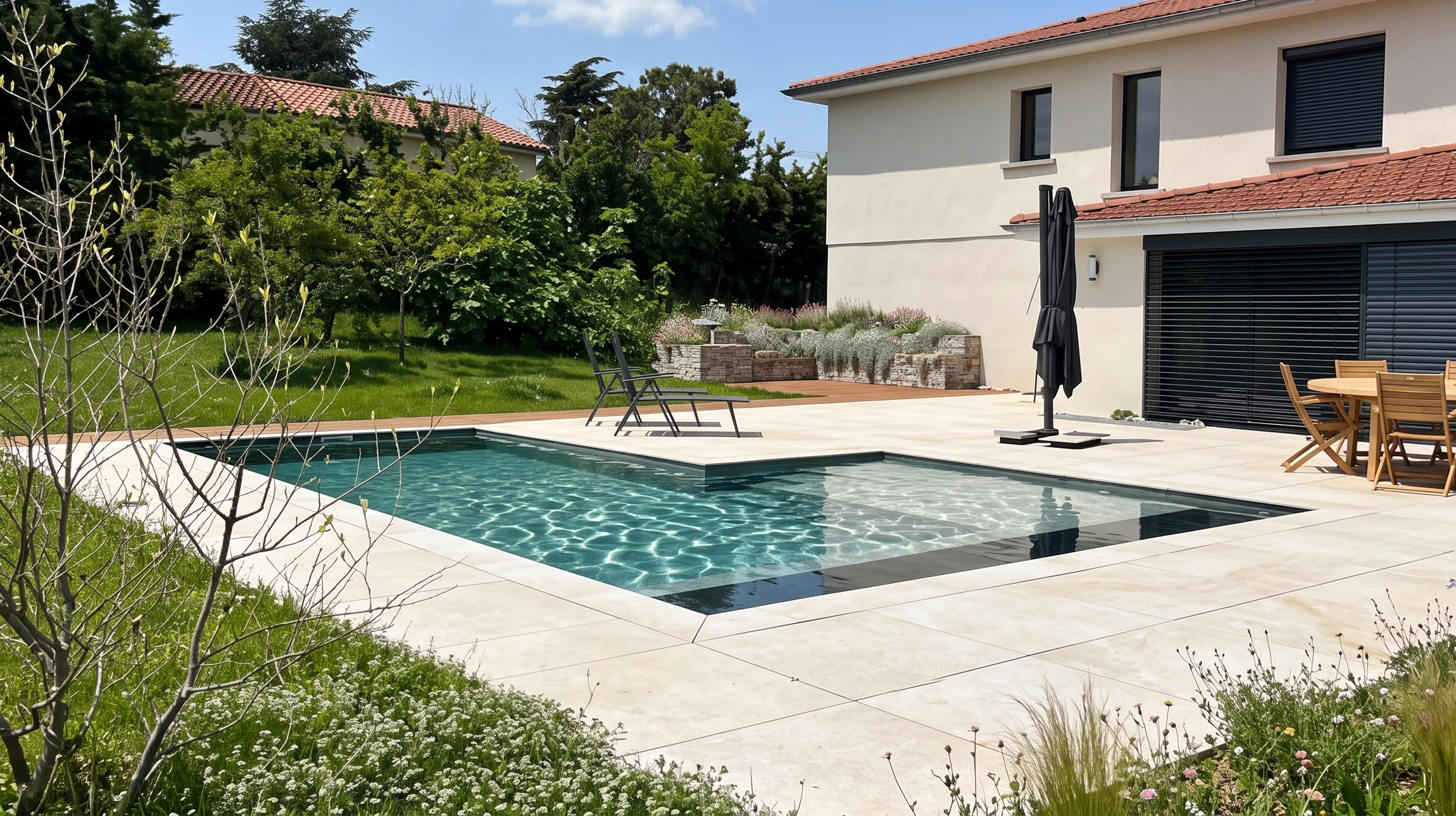Piscine rectangulaire extérieure neuve, eau cristalline bleu clair, entourée d'un margelle en pierre grise